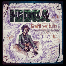 a drawing of a man sitting at a desk with the word hidra on it