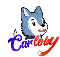 a cartoon drawing of a dog with braces and the name carloby below it