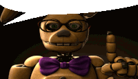 a cartoon character wearing glasses and a purple bow tie points up