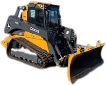 a yellow and black deere bulldozer with a yellow plow