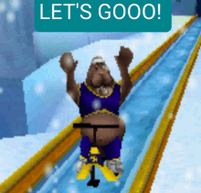 a cartoon character on a sled with the words let 's goooo written above him