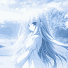 a girl with long white hair stands in front of a body of water