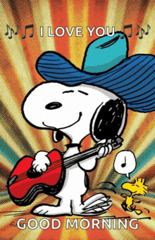 a cartoon of snoopy playing a guitar with the words good morning below him