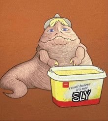 a cartoon character holding a container of sly butter