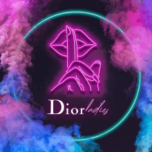 a neon sign that says dior ladies with smoke behind it