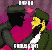 a cartoon of a man touching another man 's face with the caption " hop on coruscant "