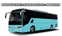 a blue and black bus with the words book bus tickets at hira travels above it