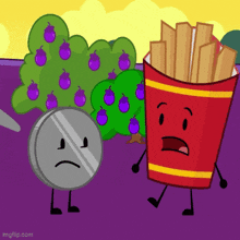 a coin and a cup of french fries are standing next to each other in a cartoon