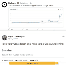 a tweet from rogan o ' handley says i see your great reset and raise you a great awakening