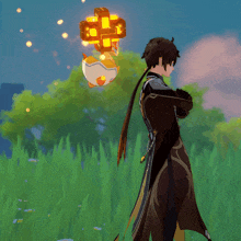 a cartoon character stands in a field with a lantern hanging from his back