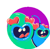 a cartoon illustration of two cherries with hearts coming out of their eyes