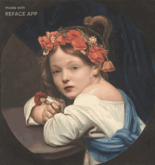 a painting of a young girl with red flowers in her hair