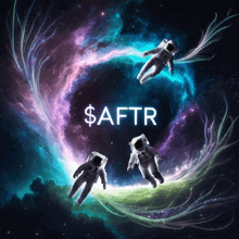 three astronauts are floating in space with the words $ aftr written above them