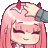 a close up of a pink anime girl with horns holding her head .