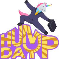 a cartoon of a unicorn in a suit carrying a briefcase and the words hum day