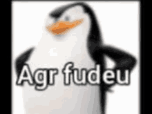 a penguin with the words agr fudeu written on it