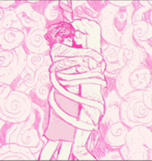 a drawing of two people hugging each other on a pink background with swirls .