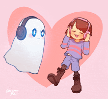 a drawing of a girl wearing headphones and a ghost wearing headphones