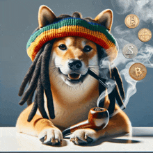 a dog wearing a rasta hat and a pipe