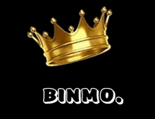 a gold crown is on a black background with binmo written below it