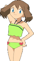 a cartoon girl wearing a green top and green bikini bottoms