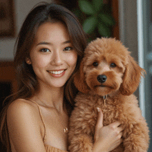 a woman holds a brown poodle in her arms