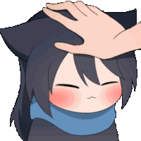 a hand is petting the head of a cartoon character with a scarf around her neck