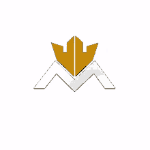 a white and gold logo with a crown on top of it