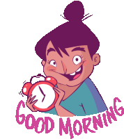 a cartoon illustration of a woman holding an alarm clock with the words good morning below her