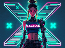 a woman in a blue top that says blazzord on it