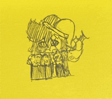 a yellow background with a drawing of a person with a hat