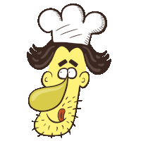 a cartoon drawing of a man with a chef 's hat on his head