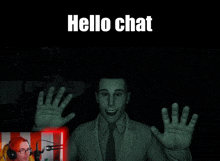 a man in a suit and tie is waving his hands in front of a microphone with the words hello chat above him