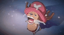 tony tony chopper from one piece is wearing a pink hat with a cross on it and is crying .