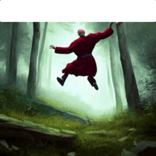 a man in a red robe is jumping through the air in a forest