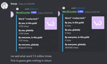 a screenshot of a discord conversation between bwap and word counter