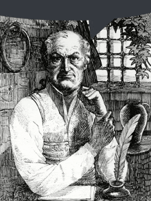 a black and white drawing of a man with a quill pen