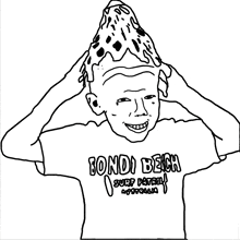 a drawing of a boy wearing a shirt that says bondi beach surf patrol australia