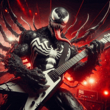 a comic book character playing a guitar with a tongue sticking out