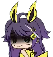 a cartoon girl with purple hair and yellow ears has a flower in her hair