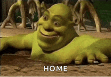 shrek is laying in the dirt with the words `` home '' written below him .