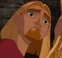 a cartoon character with long hair and a beard is looking up .