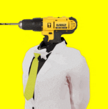 a man in a lab coat has a dewalt drill in his head