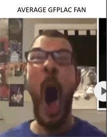 a man with glasses and a beard is yawning with his mouth open