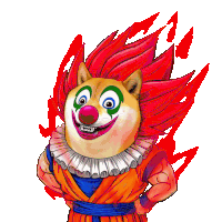 a drawing of a dog dressed as a clown with red hair