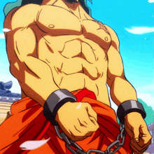 a man without a shirt is chained to a chain around his waist