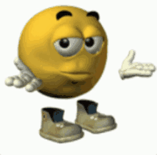 a cartoon smiley face is wearing shoes and giving a thumbs up sign