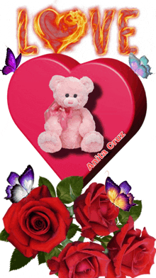 a pink teddy bear sits in front of a red heart with the word love written on it