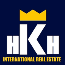 a logo for hkh international real estate with a crown on top