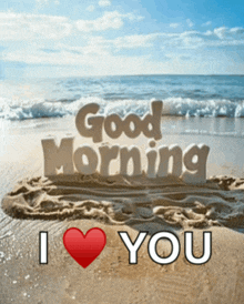 a beach scene with the words good morning i love you written in the sand